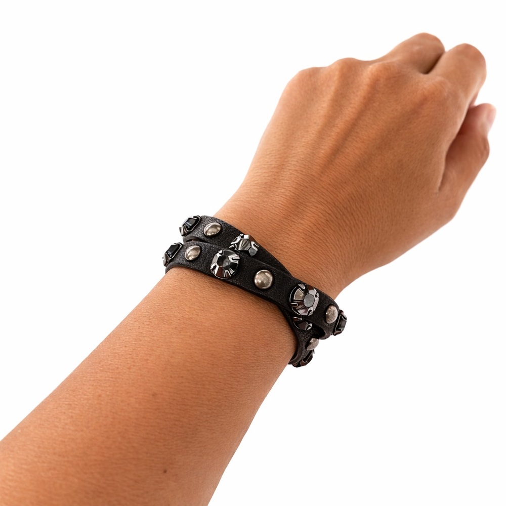 J.Crew Black Leather Double Wrap Bracelet | Gunmetal Studded | Adjustable Buckle